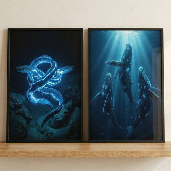Two framed underwater artworks rest on a wooden surface against a neutral wall showing glowing eel like creatures twisting together in deep water and three whales rising upward through blue ocean light beams.