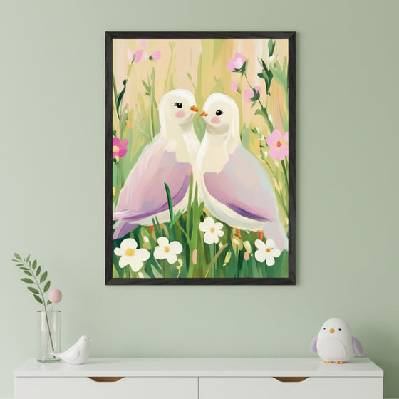 Modern minimalist room with sage green walls. A large framed painting of two white birds with pink bellies touching beaks amidst flowers and grass hangs centered above a white dresser.