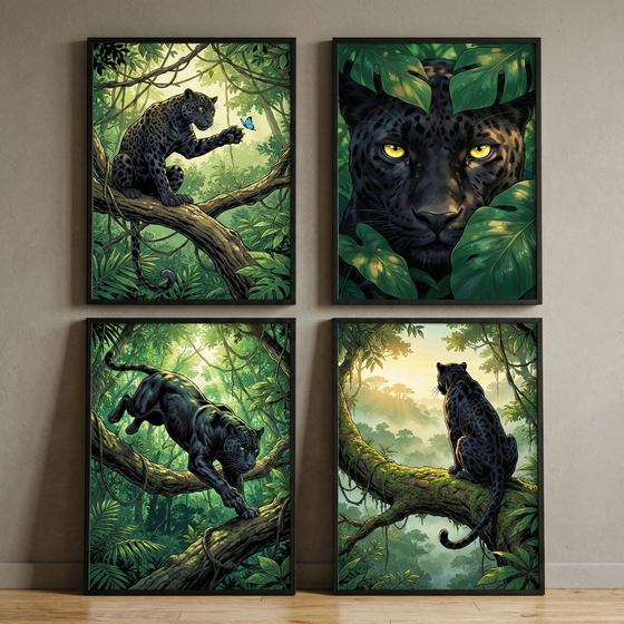 A 2x2 grid of four framed artworks depicting black panthers in a lush jungle. Top-left: A sleek cat sits on a mossy branch, reaching toward a small blue butterfly. Top-right: A close-up portrait shows the predator's face with striking yellow eyes peering through large tropical leaves. Bottom-left: The animal is shown in motion, walking down a thick, vine-covered branch. Bottom-right: The panther sits with its back turned, gazing over a misty, sunlit valley. All pieces feature green foliage.