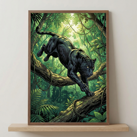 A framed illustration depicts a muscular, melanistic panther prowling down a thick, mossy tree branch. The big cat's sleek black fur shows faint, dark rosettes, and its intense yellow eyes gaze forward. It's surrounded by a lush, green jungle filled with ferns, broad leaves, and hanging vines. Soft sunlight filters through the dense canopy above. The artwork, held in a simple wooden frame, rests on a light-colored wooden shelf against a plain, neutral wall.