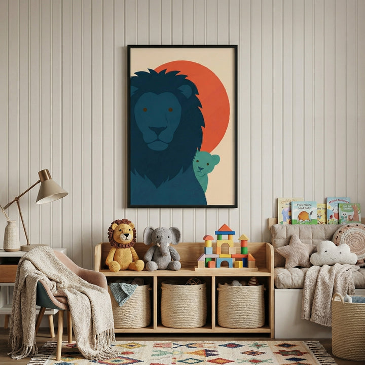 Framed illustration of a dark blue lion with a cub peeking from behind against a warm red sun hanging above a wooden toy shelf. The artwork adds a playful focal point to a cozy children’s room with stuffed animals books and baskets below.