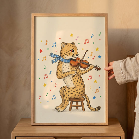 Blue striped scarf cheetah wall art shows a cheetah playing violin surrounded by colorful stars and musical notes.