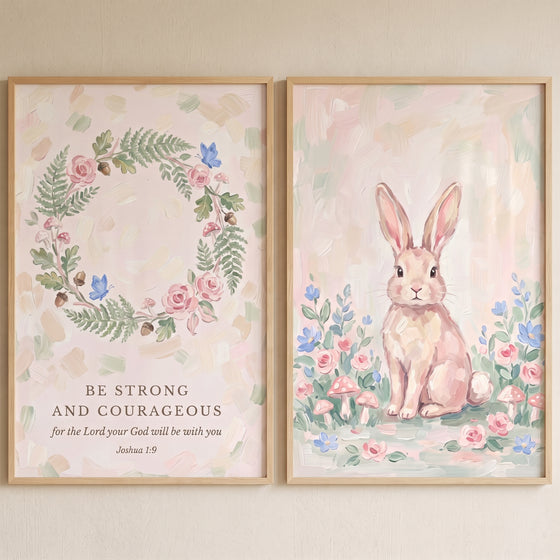 Blush pink floral forest animals wall art set of 2 with a Bible verse wreath and a bunny among forest flowers.