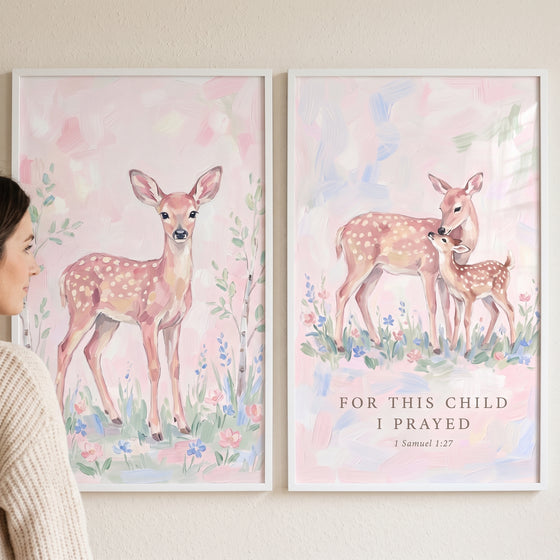 Blush pink watercolor animals wall art set of 2 features deer and fawns with the text For This Child I Prayed.