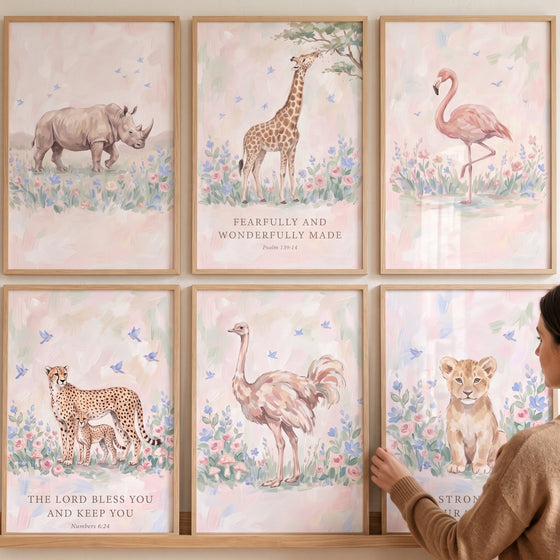 Blush wildflower savanna animals wall art set of 6 with rhino, giraffe, flamingo, cheetahs, ostrich, and lion with verses.