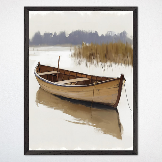 Framed digital artwork depicting a rustic wooden rowboat anchored near marshy reeds in calm, reflective water. The muted tones and soft brush strokes create a tranquil, nostalgic scene ideal for evoking quiet contemplation.