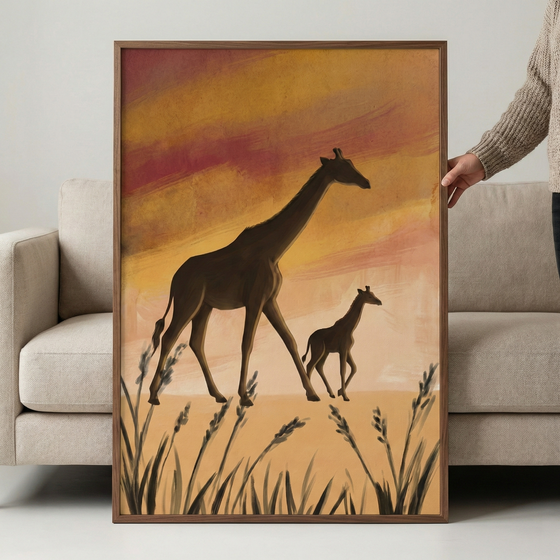 A large, vertically oriented framed artwork is held against a neutral-colored fabric sofa. The art depicts the silhouettes of an adult giraffe and a smaller calf walking across a field. The background features layered, horizontal brushstrokes in warm shades of yellow, orange, and deep red, suggesting a sunset sky. Tall stalks of dark grass are shown in the bottom foreground. The piece is enclosed in a simple wooden frame, and a person's hand is visible on the right side, holding it upright.