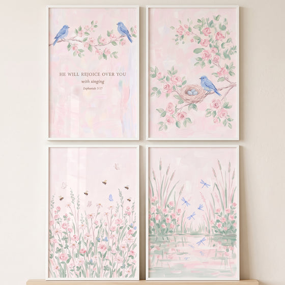 Botanical pink floral garden wall art set of 4 featuring blue birds, bees, dragonflies, a pond, and a scripture verse.