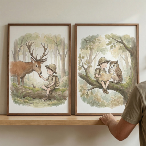 Two framed watercolor-style illustrations rest on a light wood shelf. The left artwork features a young boy in explorer attire sitting on a log and feeding a large deer with antlers in a soft-focus forest. The right artwork shows the same boy on a tree branch next to a large owl, both looking at a map. A person's arm is visible on the right, reaching toward the shelf. The images have a gentle, whimsical feel with muted earth tones and soft lines.