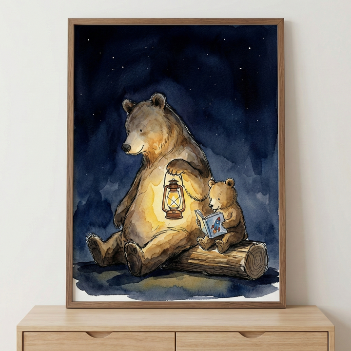 A framed watercolor illustration features a large brown bear and its cub in a night setting. The large bear sits on the ground, holding a lantern that emits a warm yellow light. Next to it, the cub sits atop a log, looking at a small blue book. The scene is set against a dark blue sky filled with white stars. The artwork is displayed in a light wood frame on top of a wooden cabinet with horizontal grain and drawer pulls, set against a white wall.