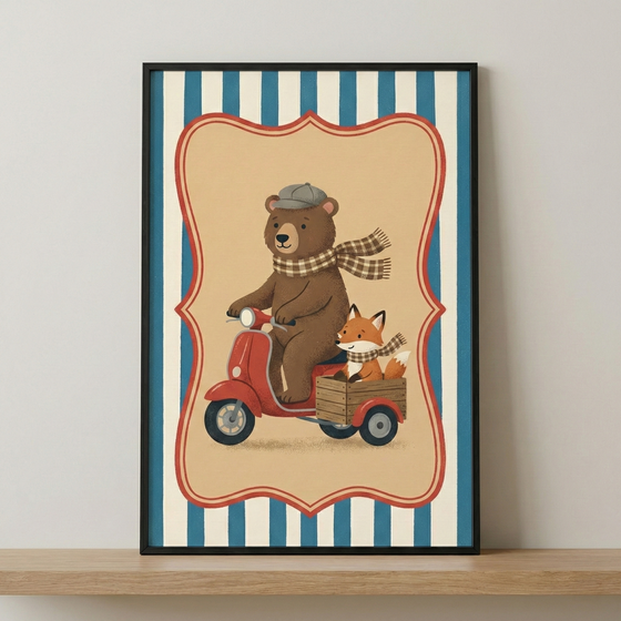An illustration in a black frame shows a brown bear wearing a grey flat cap and a brown checkered scarf, riding a red three-wheeled scooter. A small orange fox wearing a matching checkered scarf sits in a wooden crate attached to the back of the scooter. The characters are centered within a decorative, wavy-edged red frame against a light beige background. The overall background consists of vertical blue and white stripes. The framed artwork is displayed on a light wooden shelf against a neutral wall.