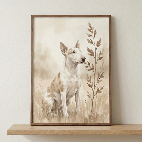 A watercolor-style illustration of a Bull Terrier dog sitting in a field of tall grass. The dog is white with light brown patches and is looking off to the side with a calm expression. Beside the dog is a tall, slender plant with brown leaves. The entire scene is rendered in soft, muted earthy tones of cream and tan. The artwork is shown in a thin dark wood frame, resting on a light-colored wooden shelf against a plain neutral wall.
