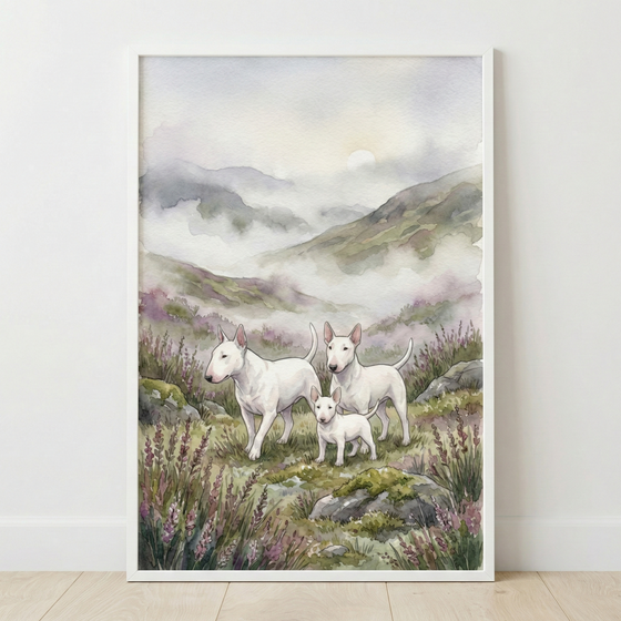 This vertical watercolor-style illustration portrays a family of three white bull terrier dogs within a serene, misty mountain landscape. In the center, two adult dogs stand side-by-side with a smaller puppy positioned between and slightly in front of them. The dogs feature characteristic egg-shaped heads, small dark eyes, and upright ears, all with solid white coats.