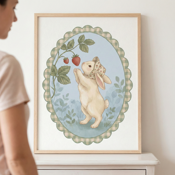 This framed artwork features a charming illustration of a cream-colored rabbit in a whimsical style. The rabbit is depicted standing on its hind legs and wearing a small bonnet with a delicate floral print. It reaches upward with its paws toward a green vine that holds two ripe, red strawberries.