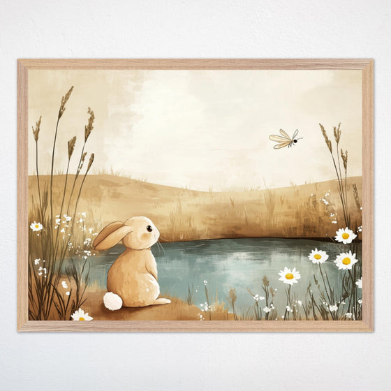 A sweet illustration depicting a soft brown bunny sitting peacefully by a small pond, watching a dragonfly flutter nearby. The scene, accented with gentle daisies and natural grasses, evokes tranquility and is ideal for nursery or children's room decor.