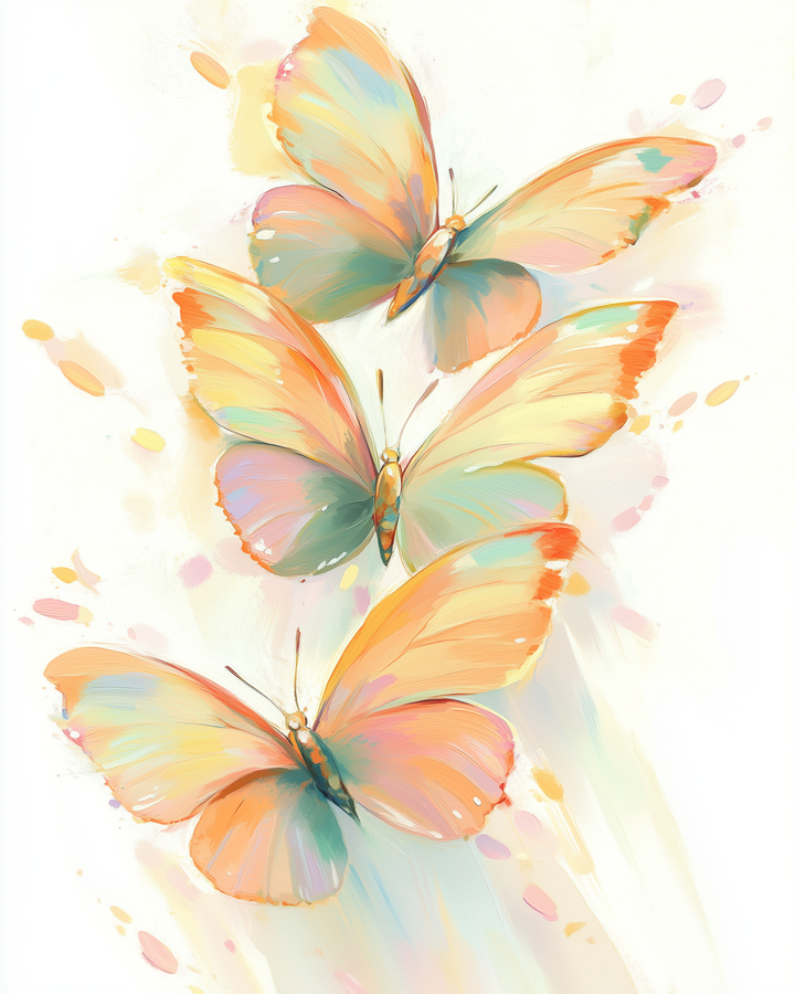 Three colorful butterflies with wings in soft shades of orange, pink, and blue gracefully flutter against a light background, creating a dreamy, artistic scene.