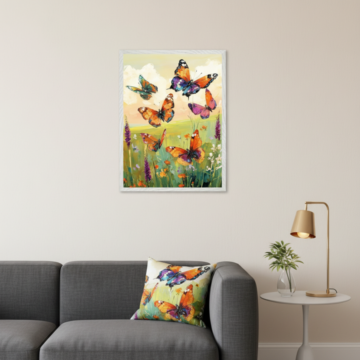 Modern living room with a gray sectional sofa and a white side table. A white-framed, impasto painting of diverse butterflies flying over a vibrant flower field hangs centered above the sofa. A matching butterfly pillow rests on the sofa.