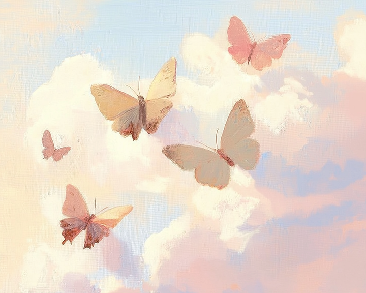 Four delicate butterflies in shades of pink and orange gracefully flutter against a backdrop of soft, fluffy clouds and a serene blue sky.