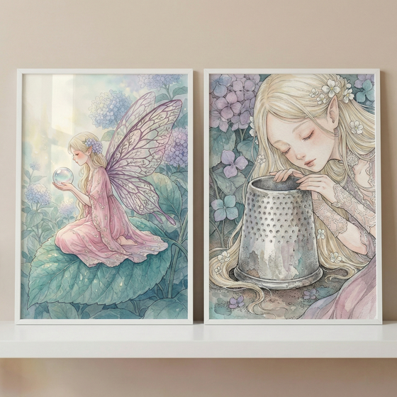 Two framed watercolor-style illustrations rest on a white shelf against a plain wall. The left piece shows a small winged figure with long blonde hair and a flowing pink dress seated on a large, dew-flecked green leaf. She holds a clear sphere, surrounded by soft blue and purple hydrangea blossoms. The right piece is a close-up of a similar fair-haired character with pointed ears leaning gently over a weathered metal thimble. Both works feature soft pastel colors and an ethereal aesthetic.