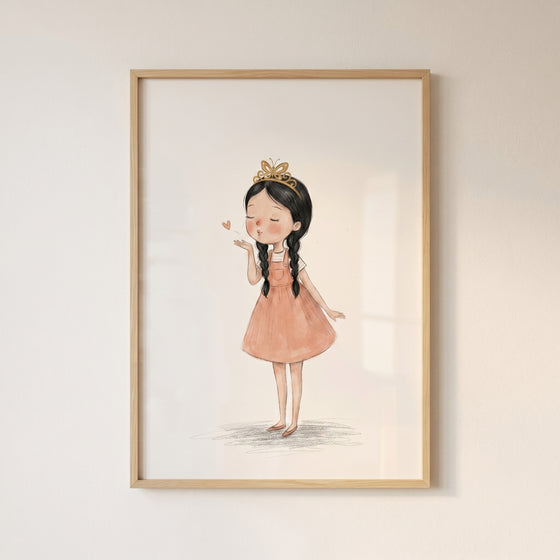 Framed butterfly tiara braided girl artwork features a girl in a peach dress blowing a small heart kiss.