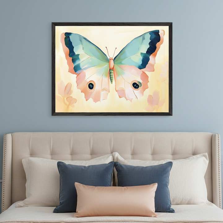 Modern bedroom with a beige tufted headboard. A large framed painting of a stylized butterfly with blue-green and pink wings on a light yellow background hangs centered above the headboard. Several blue and peach pillows are on the bed.