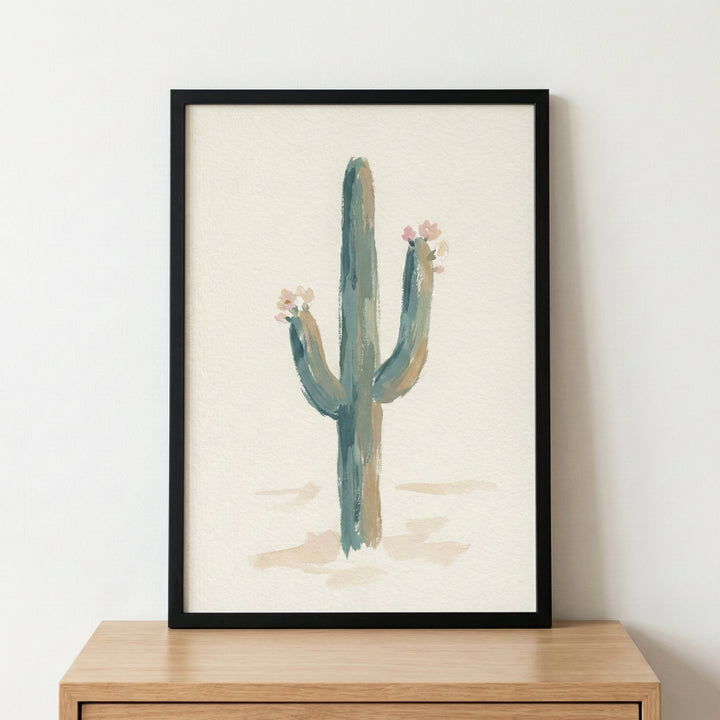 Minimalist watercolor painting of a tall cactus with pink blossoms, set against a soft off-white background. The simple botanical artwork evokes a calm desert atmosphere.