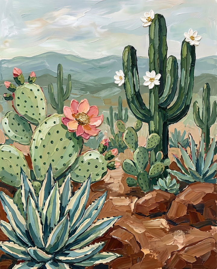 Bold and detailed illustration of a thriving desert scene filled with blooming cacti, flowering agave plants, and rich brown rocks under a cloudy sky, creating a lively Southwestern botanical composition.
