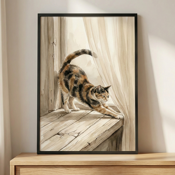 A framed watercolor illustration of a tortoiseshell-patterned cat stretching on a weathered wooden windowsill. The cat's front paws are extended forward, and its back is arched with its tail curved upward. To the right, a light, semi-transparent curtain catches soft, warm sunlight filtering through a window. The artwork is encased in a slim black frame, resting on a light wooden surface against a neutral-colored wall in a softly lit interior.