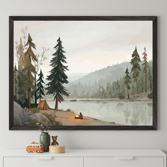 Kid's bedroom with a white dresser. A large framed, stylized illustration of a forest lake scene hangs above the dresser. It shows tall pine trees, a tent, a person by a campfire on the shore, and misty mountains.