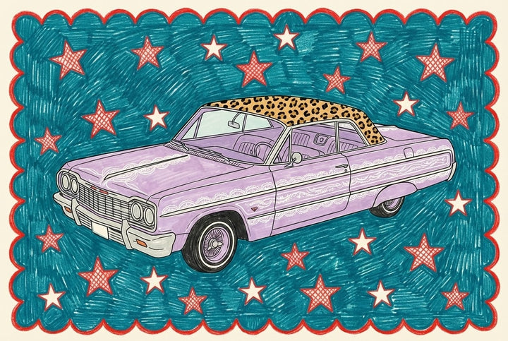 Colorful illustration of a classic purple car with a leopard-print roof, surrounded by red stars on a teal background with a scalloped red border. The playful automotive artwork is framed and propped on a wooden shelf against a white wall.