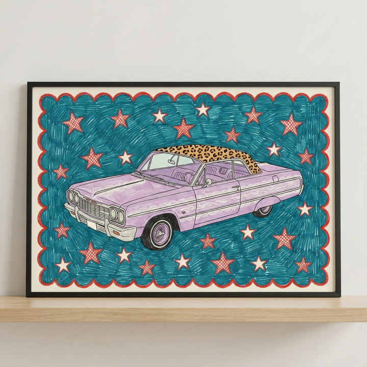 Framed illustration of a purple classic car with leopard-print detailing displayed above a neutral wooden crib in a cozy nursery. The bold automotive-themed artwork adds a whimsical pop of color to the soft, modern room.