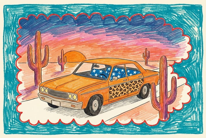 Illustration of an orange vintage car with leopard print side panels and blue star-patterned seats driving through a desert at sunset. Surrounded by tall cacti and a vivid sky in pink, orange, and blue, the scene is framed with playful, hand-drawn borders.