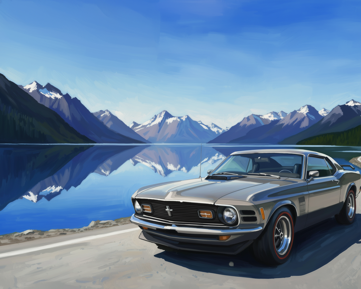 A classic silver Ford Mustang parked on a scenic road beside a tranquil lake, with majestic snow-capped mountains reflecting in the water under a clear blue sky.