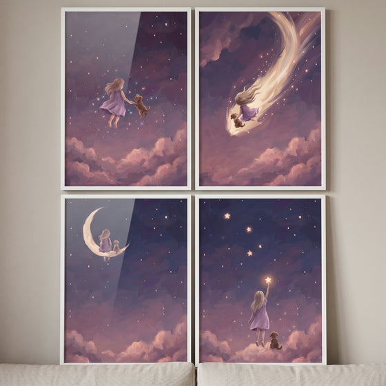 Celestial purple girl dog wall art set of 4 featuring a child and pet with a moon, stars, and comet in a purple sky.