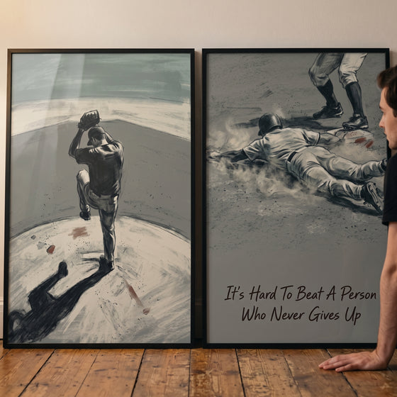 Charcoal baseball player sports wall art set of 2 featuring a pitcher on the mound and a player sliding into a base.