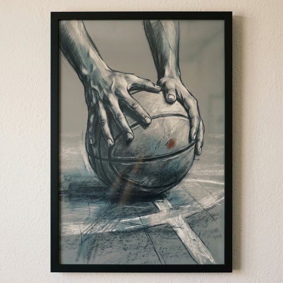 Framed charcoal basketball hands sports wall art shows hands gripping a basketball on a court floor.