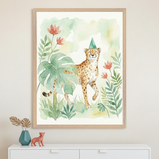 Modern room with a white dresser. A large framed watercolor painting of a smiling cheetah in a party hat, surrounded by green tropical leaves and red flowers, hangs above the dresser. A teal vase and a pink cheetah figurine are on the dresser.