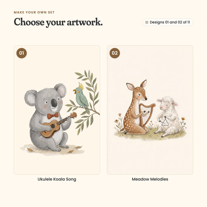 Designs 01 and 02 of 11: Ukulele Koala Song, a koala with a ukulele, and Meadow Melodies, a deer with a harp and a lamb