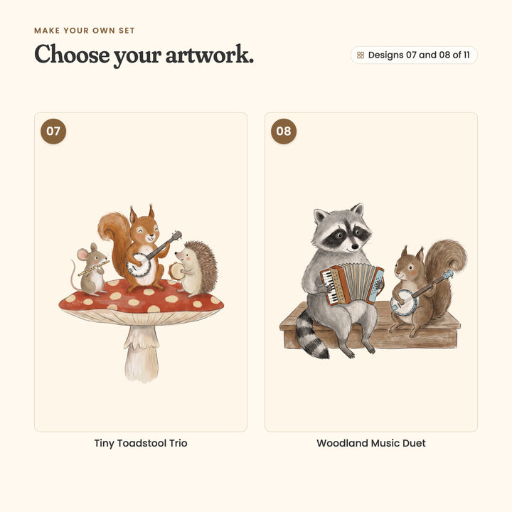 Designs 07 and 08 of 11: Tiny Toadstool Trio, three animals on a toadstool, and Woodland Music Duet, a raccoon and a squirrel