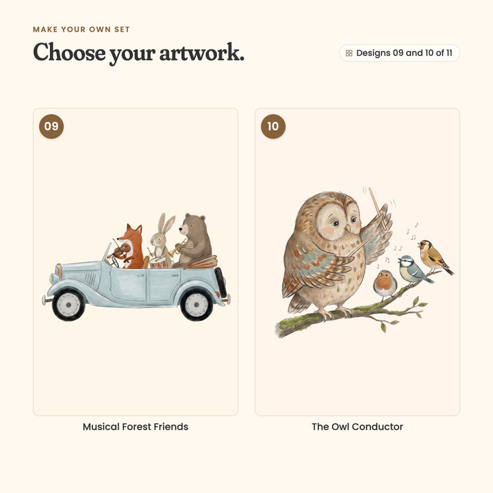 Designs 09 and 10 of 11: Musical Forest Friends, a band in a blue car, and The Owl Conductor, an owl leading small birds