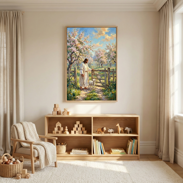 A bright, neutral-toned child's room features a large framed artwork centered on the wall. The art depicts Jesus Christ in a white robe in a sunlit orchard with blooming trees, tending to a lamb by a wooden gate. Below, a light wooden bookshelf holds wooden blocks, animal figurines, and books. To the left is a wooden chair with a textured throw, next to a basket of toys. Long, beige curtains and a soft white rug complete the serene space.