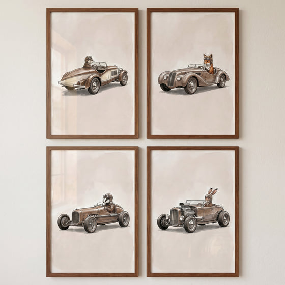 Classic speedster woodland animal wall art set of 4 featuring a fox, rabbit, otter, and badger driving vintage cars.