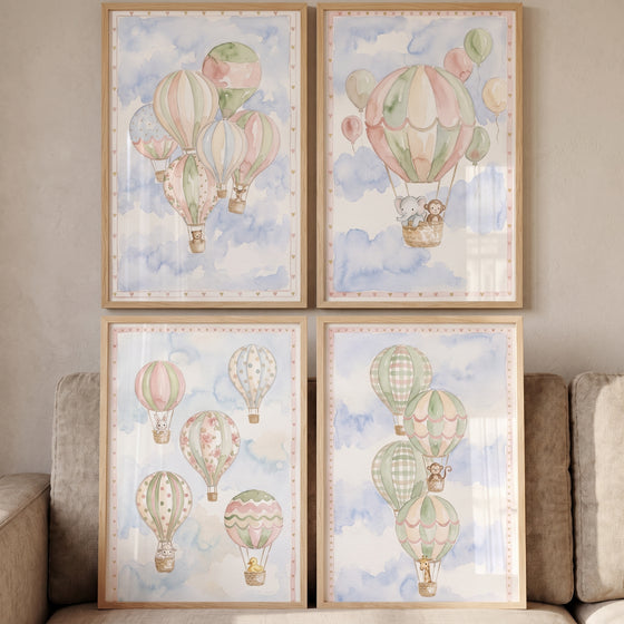 Coastal blue animal balloon wall art set of 4 with pastel hot air balloons and cute animals in a soft cloudy sky.