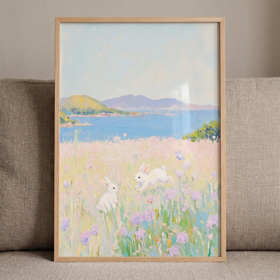 Coastal meadow white bunny wall art features two rabbits in a flowered field near a blue sea and distant hills.