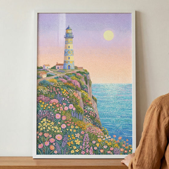 A vertically oriented, framed artwork features a serene coastal scene rendered in a detailed pointillist style. A tall, slender lighthouse, decorated with intricate blue and yellow patterns, stands prominently on a high cliff. At the base of the lighthouse, a few small, simple cottages are tucked away. The cliff itself is blanketed in a dense and vibrant carpet of wildflowers, with individual blossoms of pink, yellow, blue, and violet creating a lush foreground.