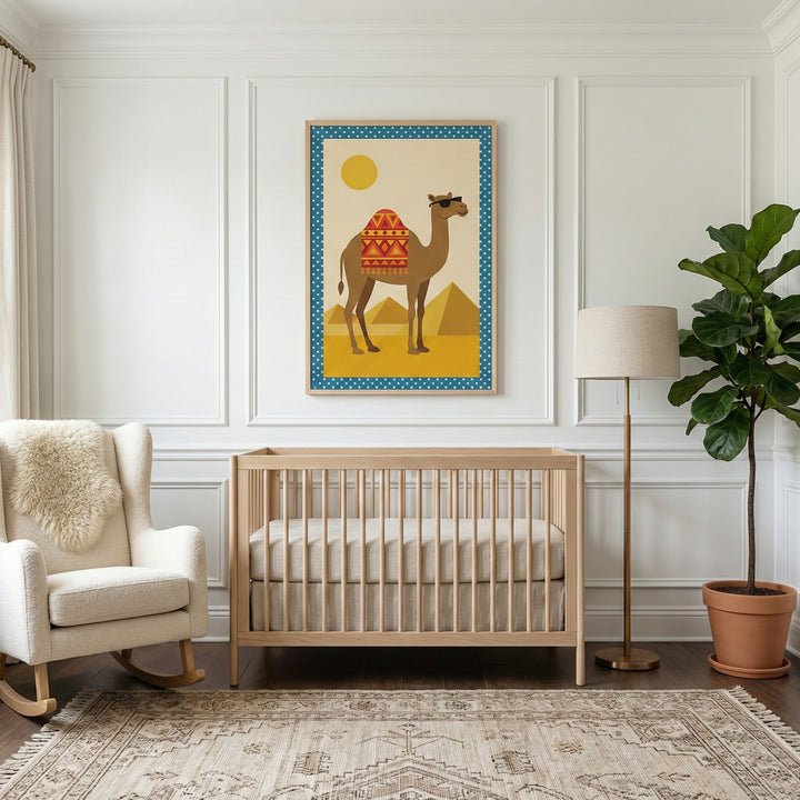 A brightly lit nursery features a natural wood crib centered against a white paneled wall. Above the crib hangs a framed illustration depicting a brown camel with sunglasses and a patterned saddle standing in a desert landscape with golden pyramids and a sun. To the left, a cream-colored rocking chair holds a plush sheepskin rug. To the right, a tall fiddle leaf fig plant in a terracotta pot stands next to a slim brass floor lamp with a linen shade. A large patterned rug in neutral shades covers the dark wo