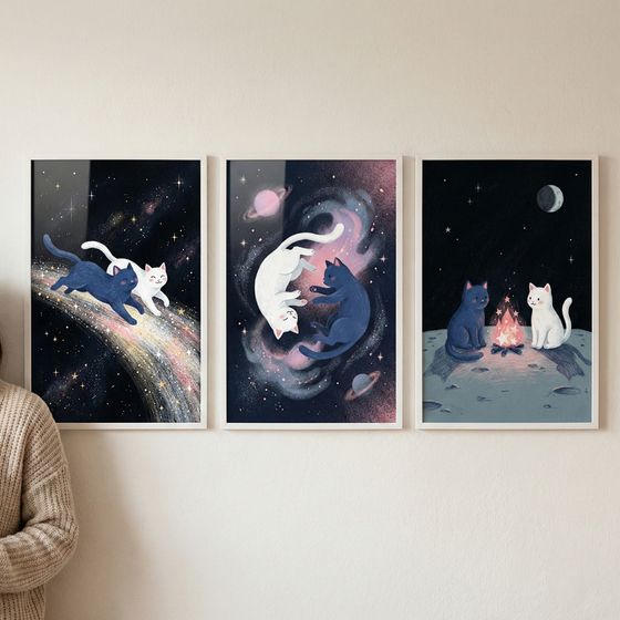 A person wearing a beige knitted sweater stands to the left of three white-framed art pieces hanging on a light-colored wall. Each frame features a stylized blue cat and white cat in cosmic settings. In the first frame on the left, the cats run along a vibrant, multicolored streak of stardust against a dark sky. The middle frame shows the cats floating in a circular motion within a swirling pink and purple nebula.