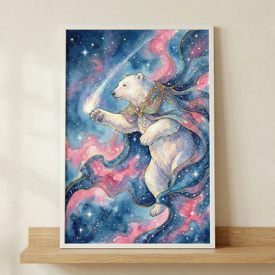 A vertical illustration features a majestic polar bear floating in a cosmic realm. The bear wears an ornate, golden jewel-encrusted collar and is draped in a flowing cape made of swirling blue and pink celestial energy. It reaches a paw toward a bright, trailing comet. The background is a deep blue sky filled with twinkling stars and vibrant pink and blue nebula clouds. This whimsical piece is held in a thin white frame and sits on a light wooden shelf against a neutral wall.