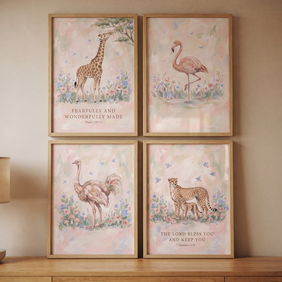 Cottagecore blossom safari animals wall art set of 4 featuring a giraffe, flamingo, ostrich, and cheetah in soft pink tones.