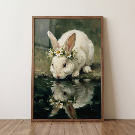 Cottagecore daisy crown rabbit wall art of a white rabbit looking at its reflection in a pond within a wooden frame.
